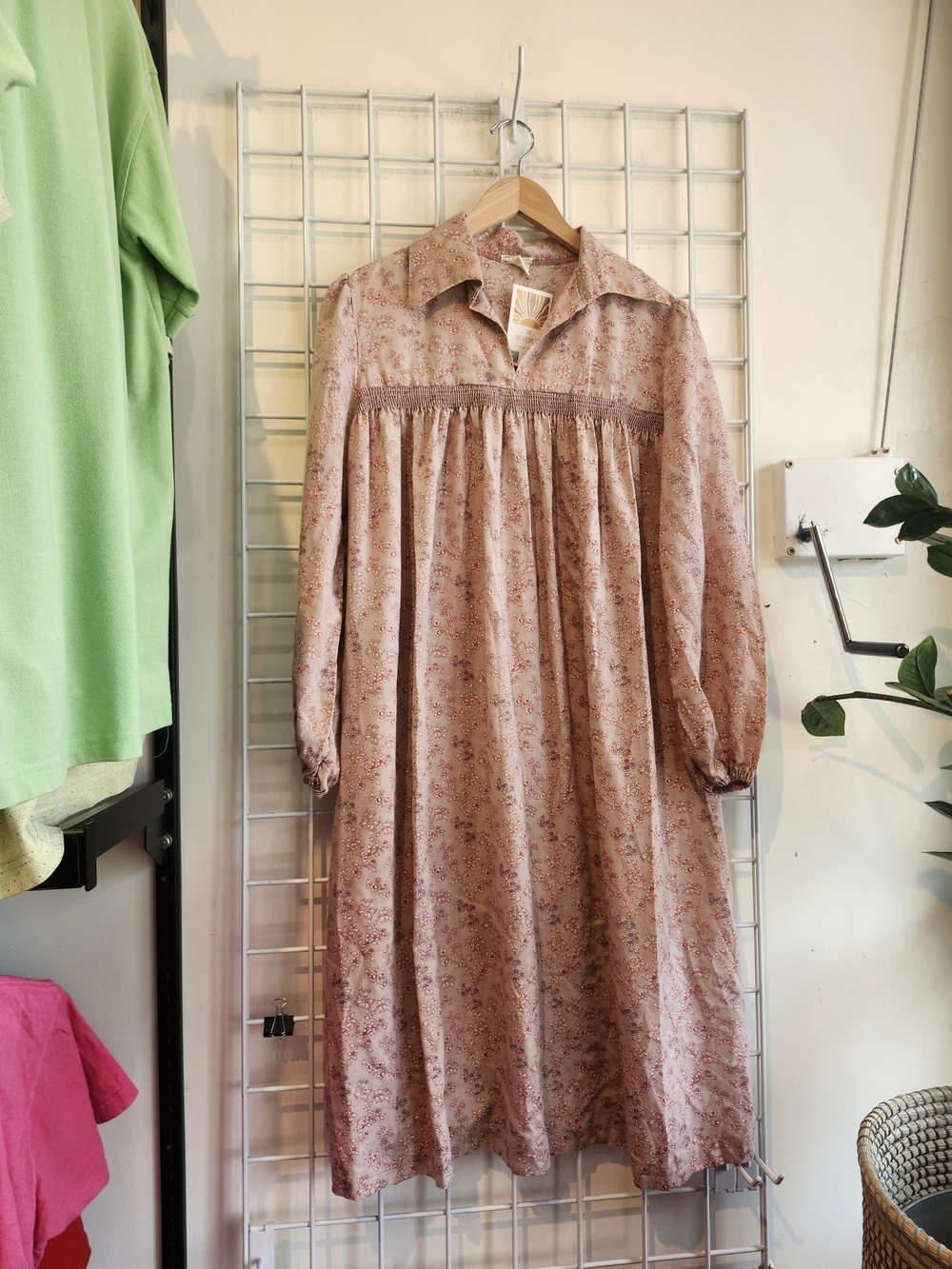 Dusty Rose Vintage Long-Sleeve Floral Midi Dress Cotton Prairie Fairycore